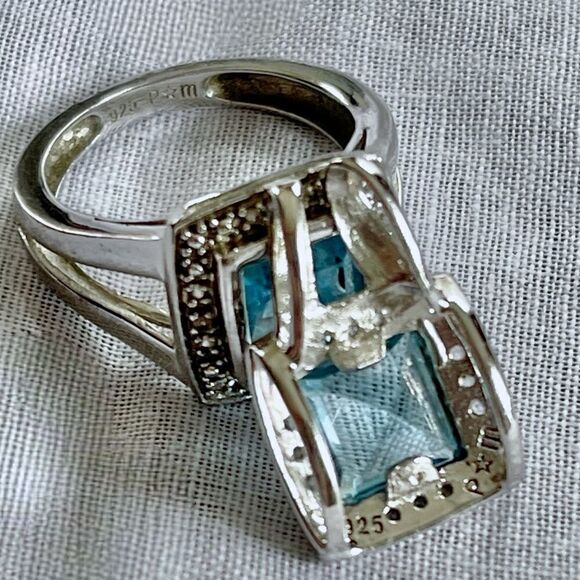 P*M .925 Sterling Silver Cushion Cut Blue Topaz Diamond Halo Ring Pendant Set - Picture 15 of 16